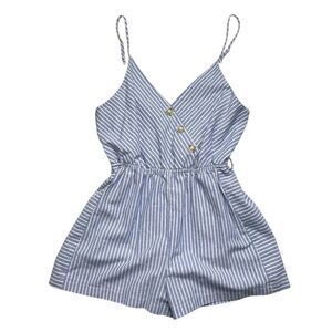 PURPLE SNOW Women's White Blue Striped Linen Blend Romper Size Large NWOT